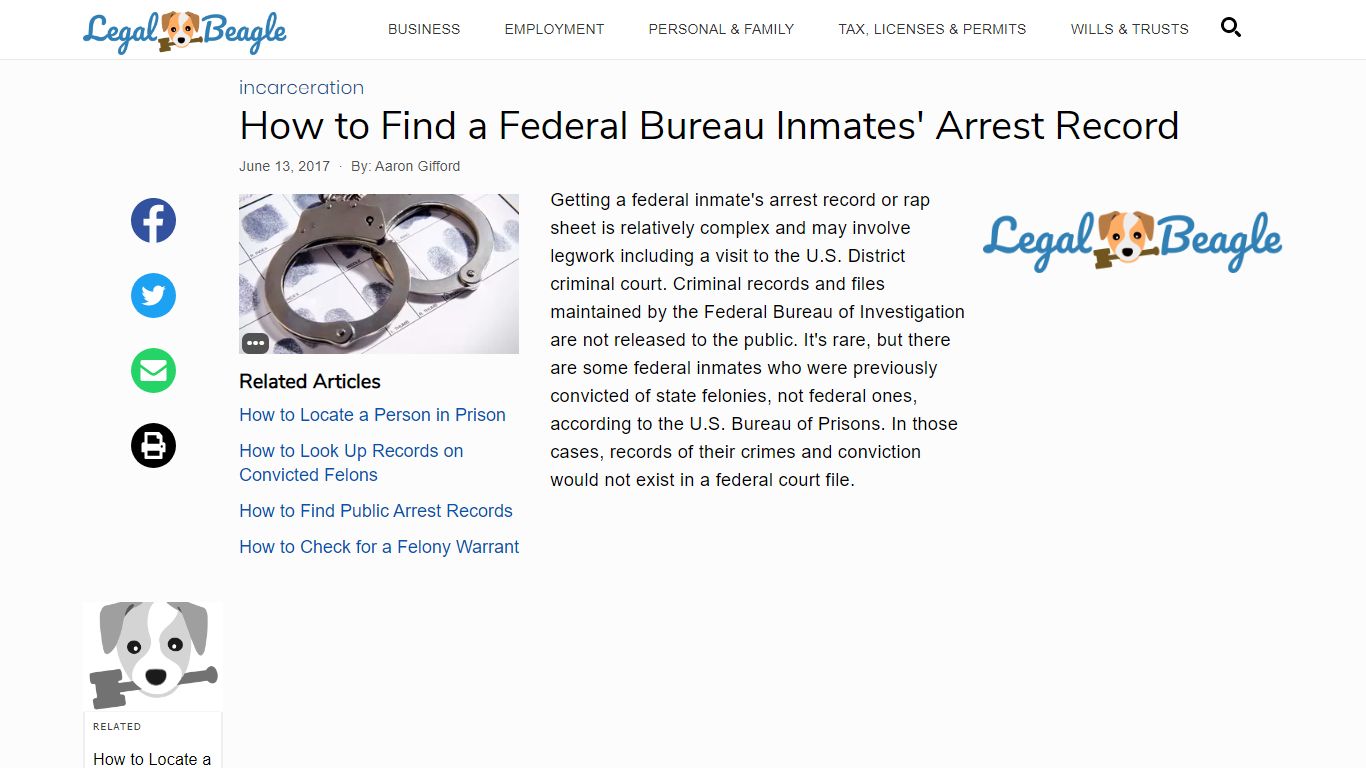 How to Find a Federal Bureau Inmates' Arrest Record